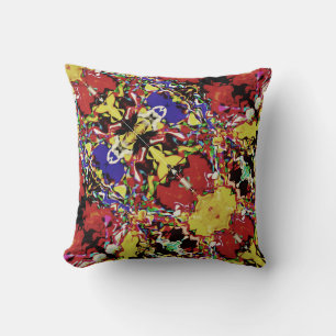 Red Purple Black Yellow Floral Diagonal Motif Throw Pillow