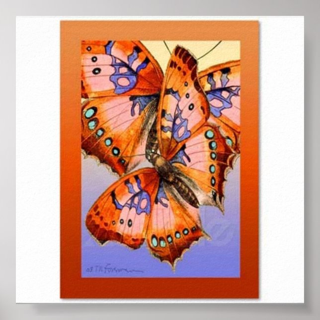 Red purple butterflies on gold blue abstract art poster (Front)
