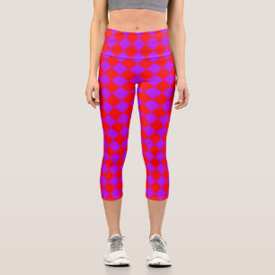 Red Purple Chequered Diamond Pattern Capri Leggings
