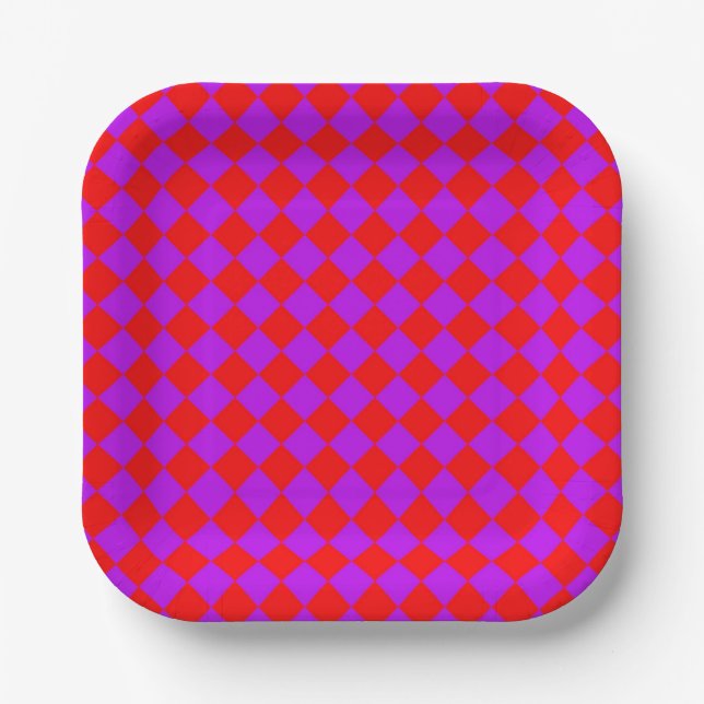 Red Purple Chequered Diamond Pattern Paper Plate (Front)