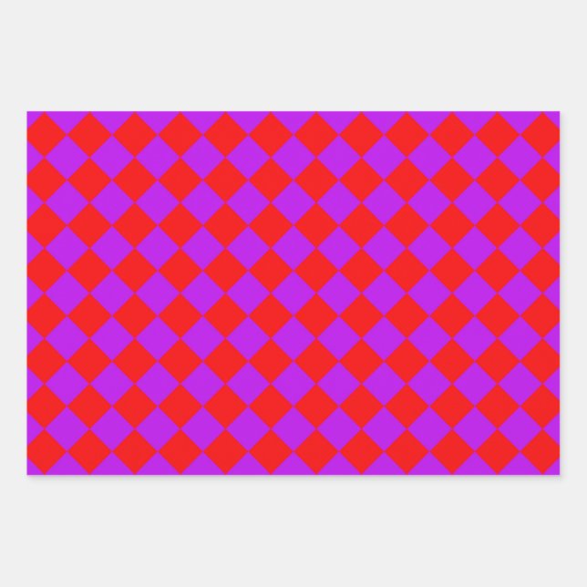 Red Purple Chequered Diamond Pattern Wrapping Paper Sheet (Front)