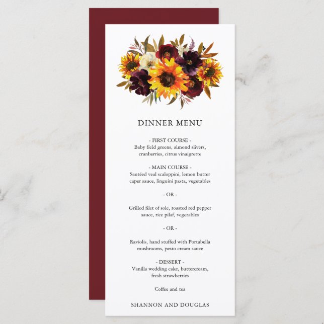 Red Purple Fall Roses Sunflower Rustic Wedding Menu (Front/Back)