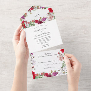 Red Purple Floral Wedding All In One Invitation