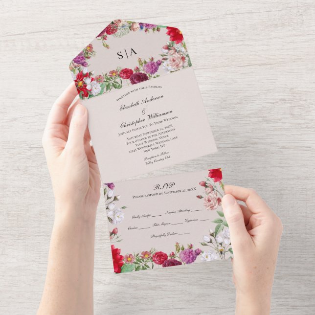 Red Purple Floral Wedding All In One Invitation (Tearaway)