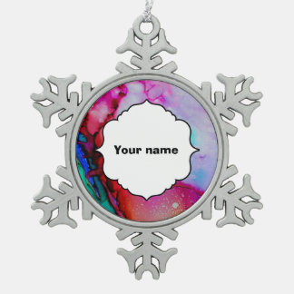 Red purple green ink snowflake pewter christmas ornament