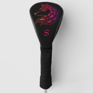 Red & Purple Intricate Wolf Head Monogram Initial Golf Head Cover