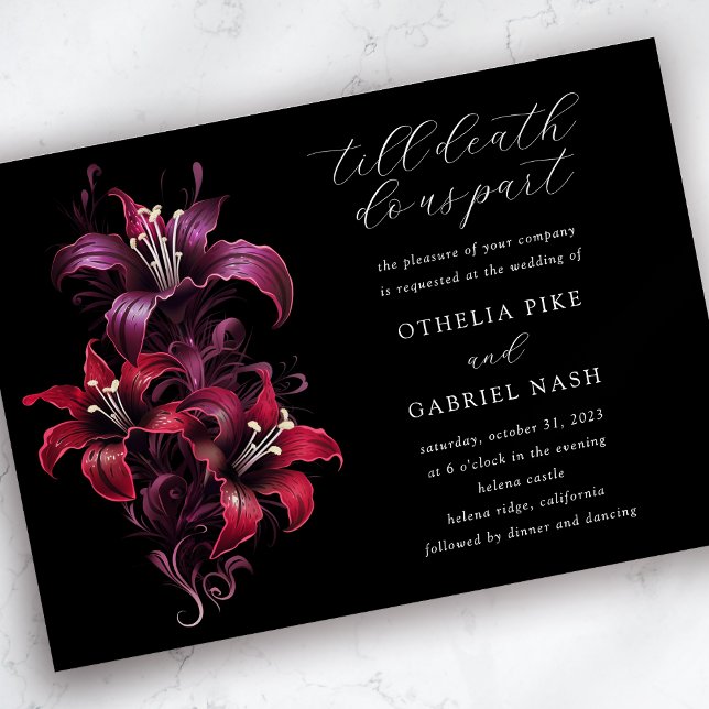 Red Purple Lilies Dramatic Moody Gothic Wedding Invitation (Creator Uploaded)