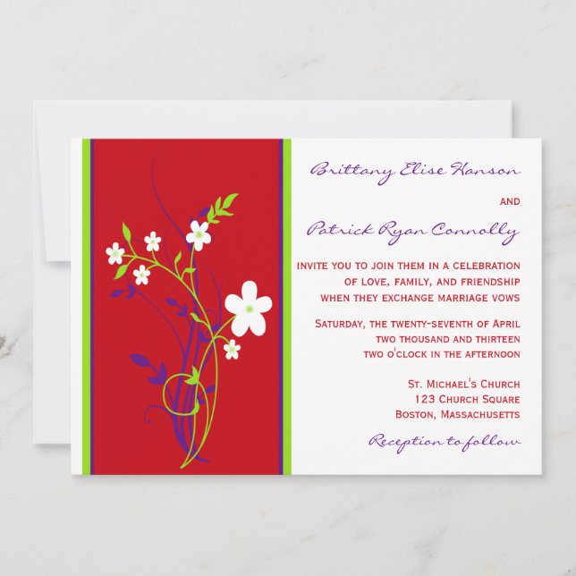 Red, Purple, Lime, White Floral Wedding Invitation (Front)