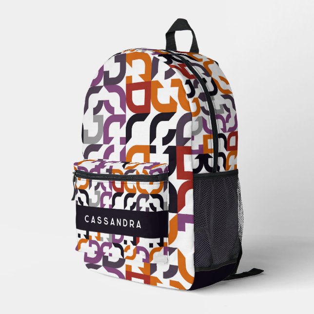 Red Purple Orange Black Midcentury Art Pattern Printed Backpack (Back Corner Right)