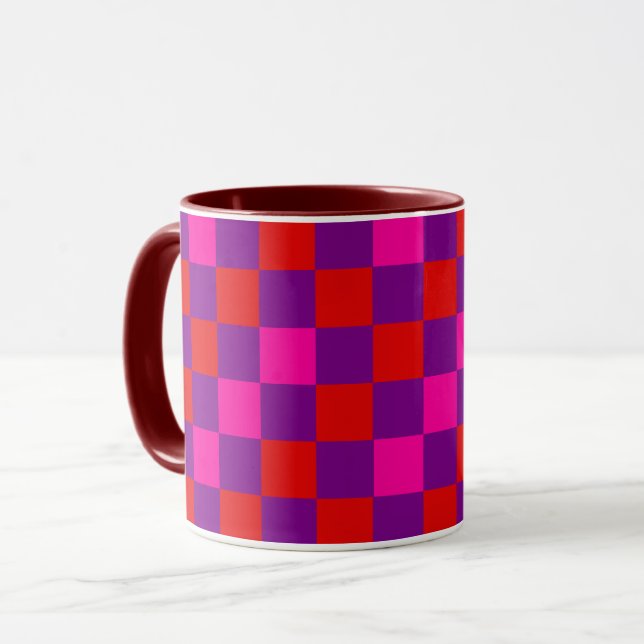 Red Purple Pink Chequered Pattern Design  Mug (Front Left)