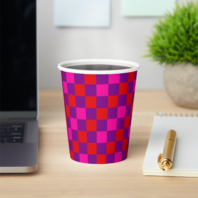 Red Purple Pink Chequered Pattern Design  Paper Cups (Insitu)