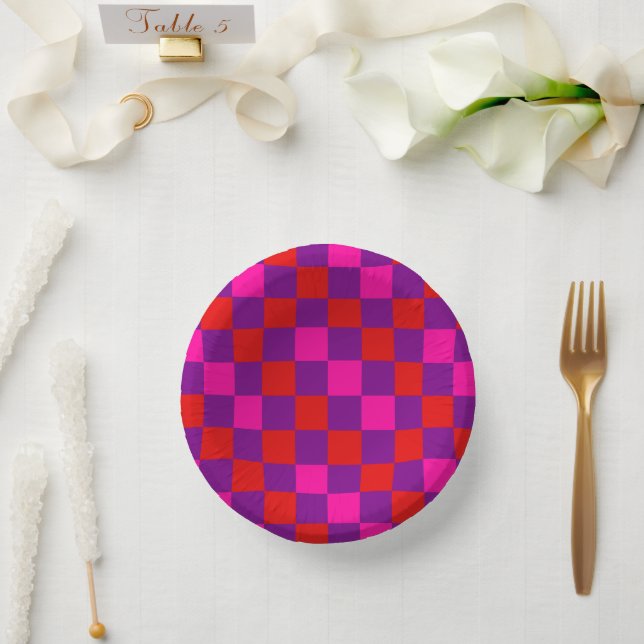 Red Purple Pink Chequered Pattern Design  Paper Plate (Wedding)