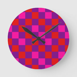 Red Purple Pink Chequered Pattern Design Round Clock