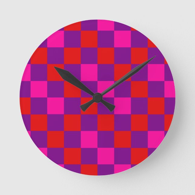 Red Purple Pink Chequered Pattern Design  Round Clock (Front)