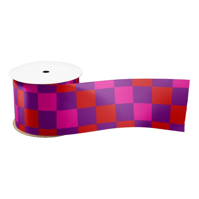 Red Purple Pink Chequered Pattern Design  Satin Ribbon (Spool)