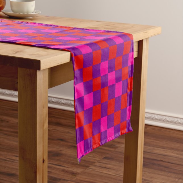 Red Purple Pink Chequered Pattern Design  Short Table Runner (In Situ)