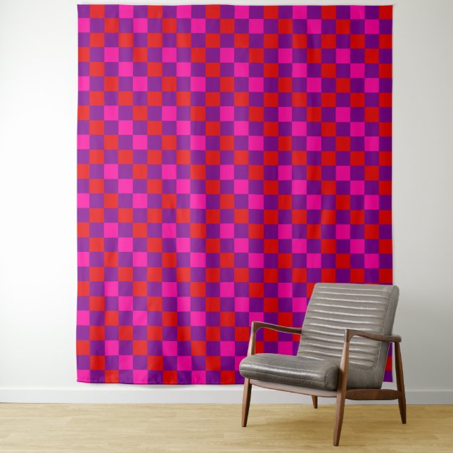 Red Purple Pink Chequered Pattern Design  Tapestry (In Situ)