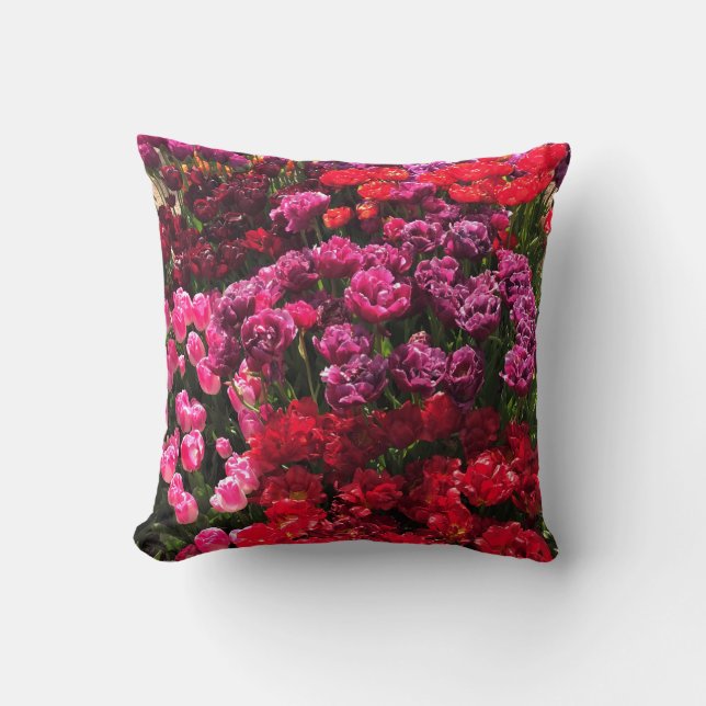 Red, Purple & Pink Tulip Garden Bed, Oregon Throw Pillow (Front)