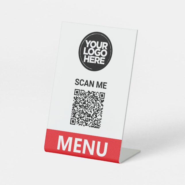 Red Qr Code Menu | Logo Contactless Modern Pedestal Sign (Front)