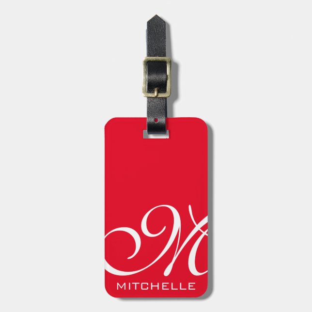 Red QR Script Monogrammed Luggage Tag (Front Vertical)