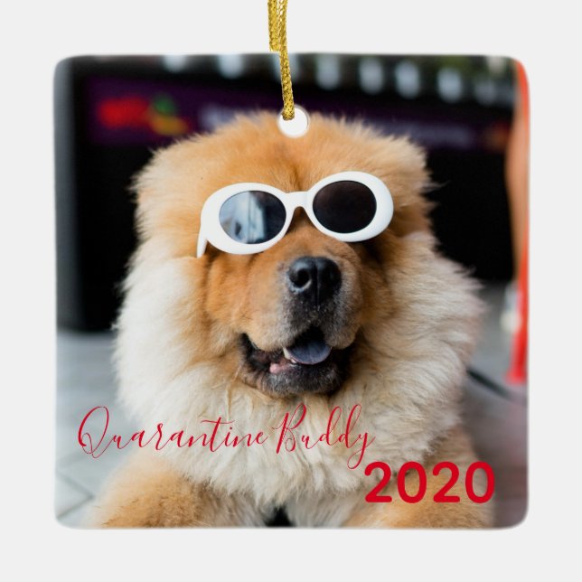 Red Quarantine Buddy Merry Pawsmas Dog Christmas Ceramic Ornament (Front)