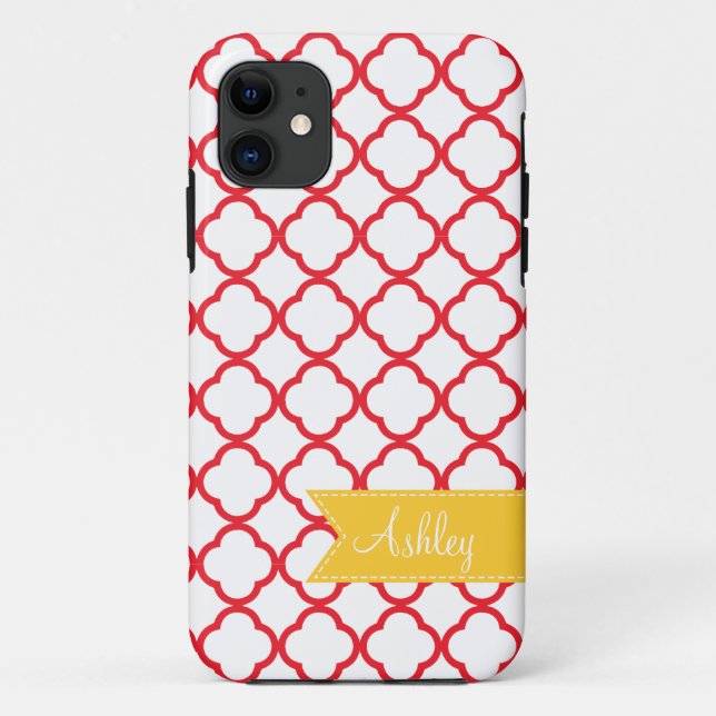 Red Quatre Foil with Custom Yellow Monogram Ribbon Case-Mate iPhone Case (Back)
