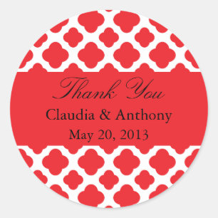 Red Quatrefoil Pattern Wedding Thank You Stickers