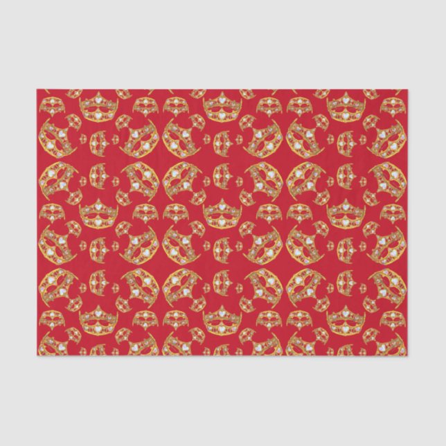 Red Queen of Hearts Gold Crown Repeat Design Tissue Paper (Front)