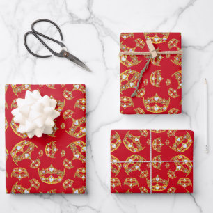 Red Queen of Hearts Gold Crown Repeat Design Wrapping Paper Sheet