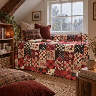 Red Quilt Patchwork Gingham Cottagecore Floral Fleece Blanket