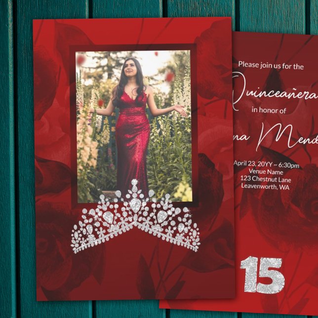 Red Quinceanera Diamond Gemstone Tiara Invitation (Red roses and silver tiara quinceanera invitations for elegant red quinceanera)