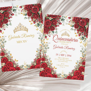 Red Quinceañera Golden Tiara Butterflies Roses Invitation