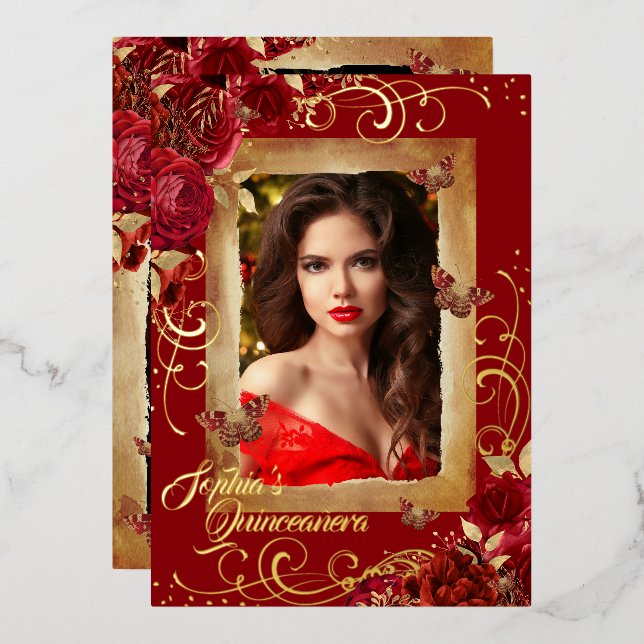 Red Quinceanera Photo Rose Gold Butterfly  (Front/Back)