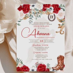 Red Quinceanera Rose Anemone Fancy Charro/Cowgirl  Invitation