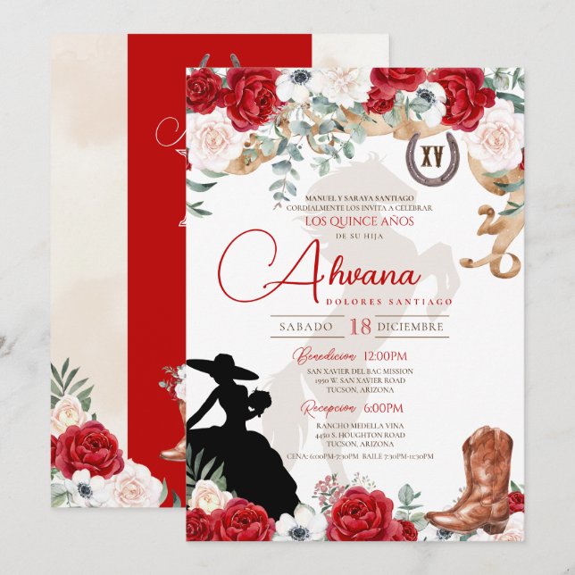 Red Quinceanera Roses Anemone Fancy Charra/Cowgirl Invitation (Front/Back)