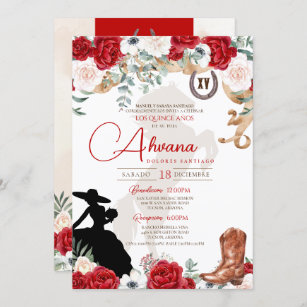 Red Quinceanera Roses Anemone Fancy Charra/Cowgirl Invitation