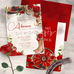 Red Quinceanera Roses Vintage Charro Western Flora Invitation<br><div class="desc">Western charro bright ruby red elegant quinceanos invitation. Featuring cowboy/cowgirl boots with floral and a beautiful mariachi sombrero. There are multiple variations available in the Pretty Inviting shop</div>