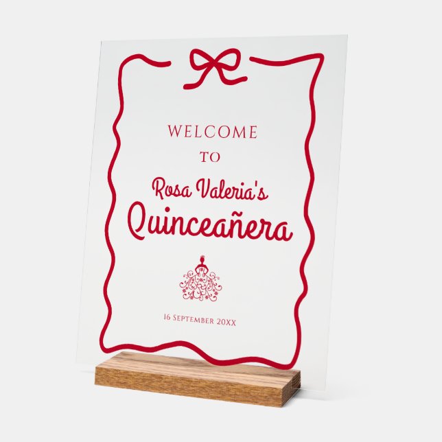 Red Quinceañera Welcome Table  Acrylic Sign (Angle)