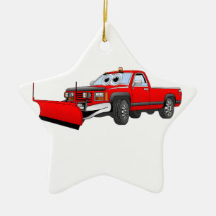 Red R Pick Up Snow Plow Cartoon Ceramic Ornament