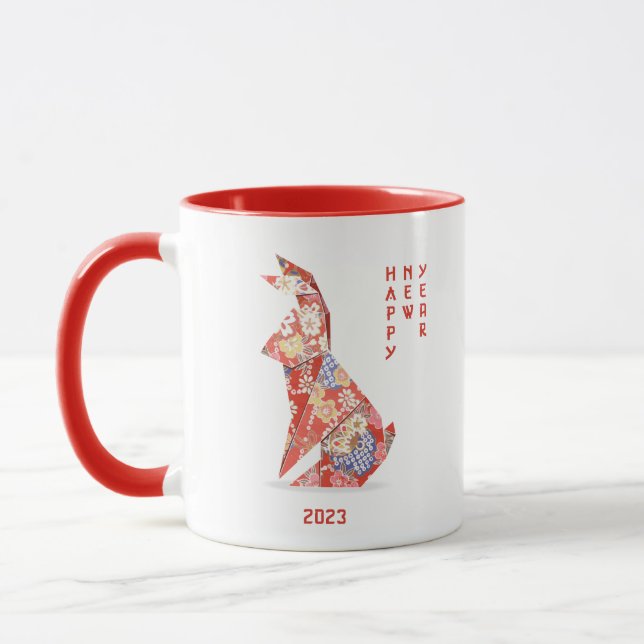 Red Rabbit origami with flowers Mug (Left)