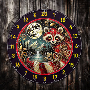 Red Raccoon Glows Under Golden Moon Dartboard