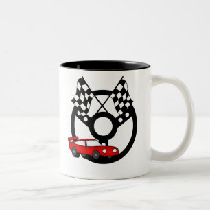 Red Race Car and Flags Two-Tone Coffee Mug