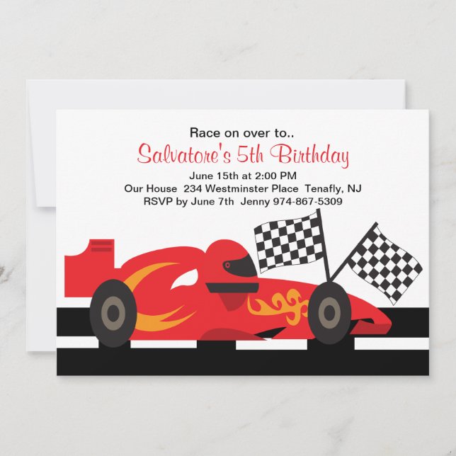 Red Race Car avec Flames Boys Invitation d'anniver (Devant)