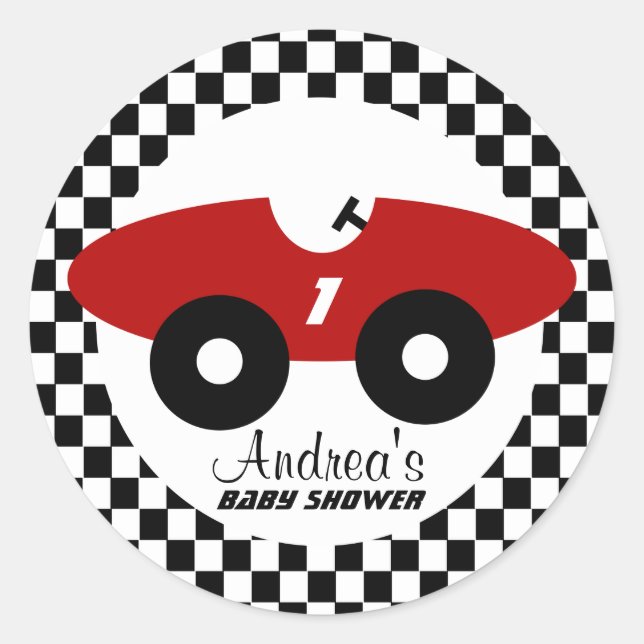 Red Race Car Baby Shower Classic Round Sticker (Front)