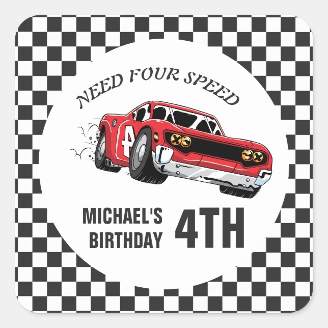 Red Race Car Birthday Party Invitation Square Sticker (Front)