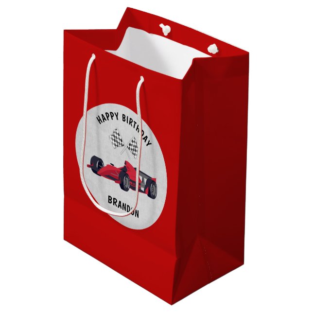 Red Race Car Birthday Personalized Medium Gift Bag (Front Angled)