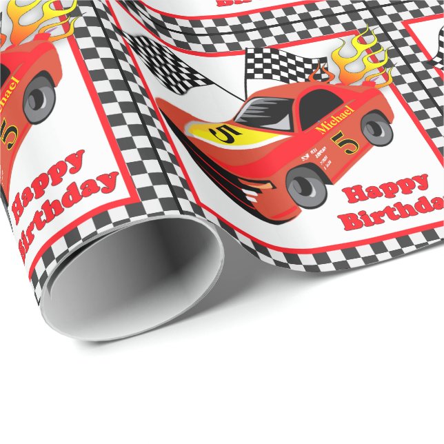 Red Race Car Black Check Personalize Wrapping Paper (Roll Corner)
