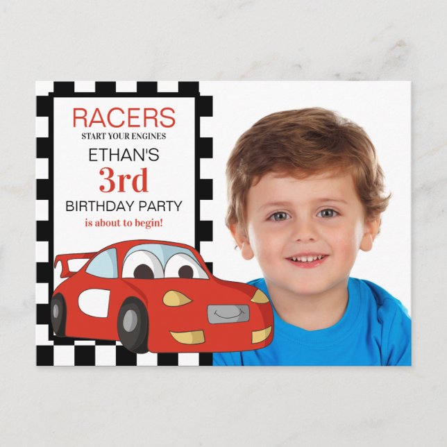 Red Race Car Black White Chequered 3rd Birthday Postcard (Front)