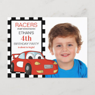 Red Race Car Black White Chequered 4th Birthday Postcard