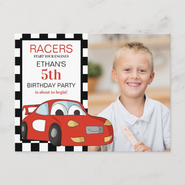 Red Race Car Black White Chequered 5th Birthday Postcard (Front)